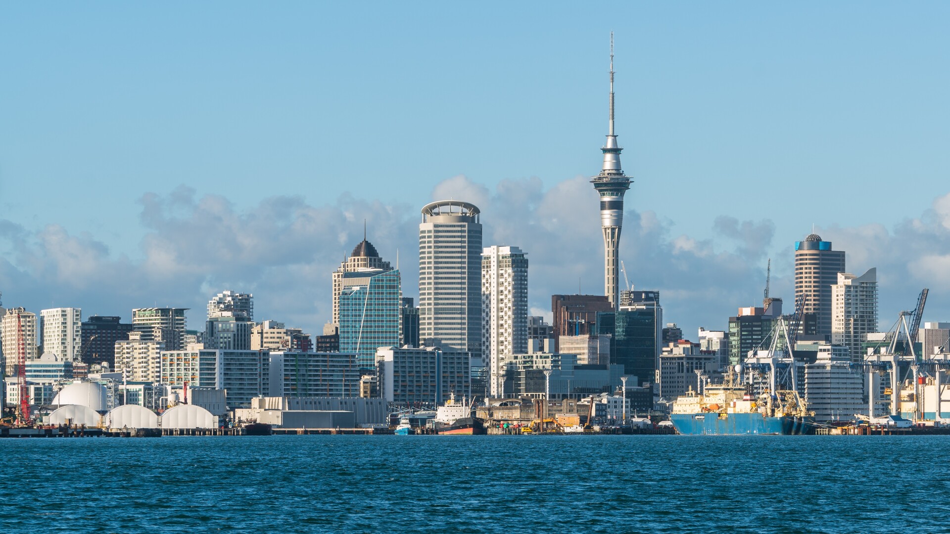 Auckland city skyline at city center and Auckland Sky Tower, the iconic landmark of Auckland, New Zealand.