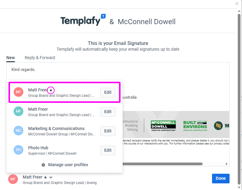 Templafy default signature