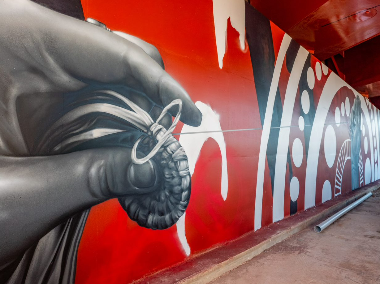 Close up of the mural art on the eastern abutment wall of the new Torrens Road bridge